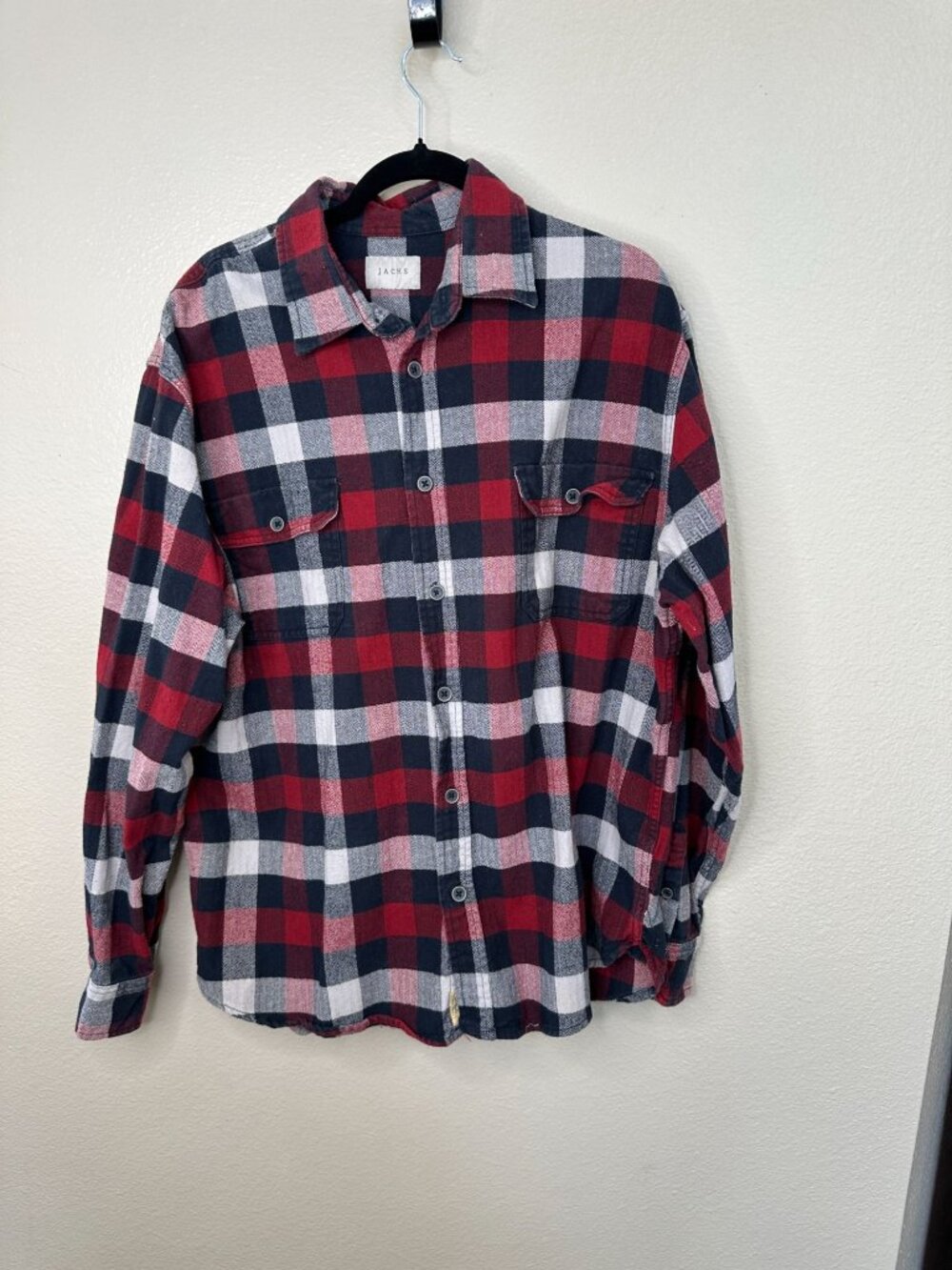 Jachs Mens Red & Black Plaid Flannel Button-Up Long Sleeve Shirt 2XL Soft Cotton